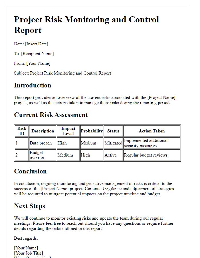 Letter template of project risk monitoring and control report