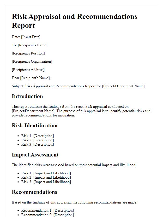 Letter template of risk appraisal and recommendations report