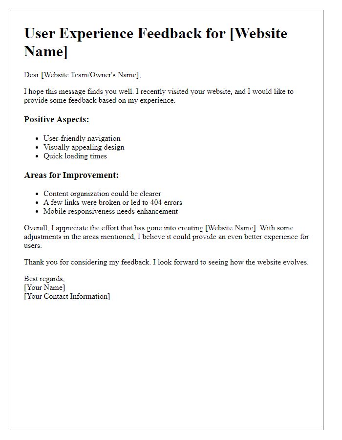 Letter template of user experience feedback for website optimization