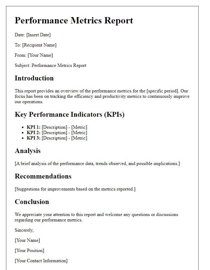 Letter template of performance metrics report