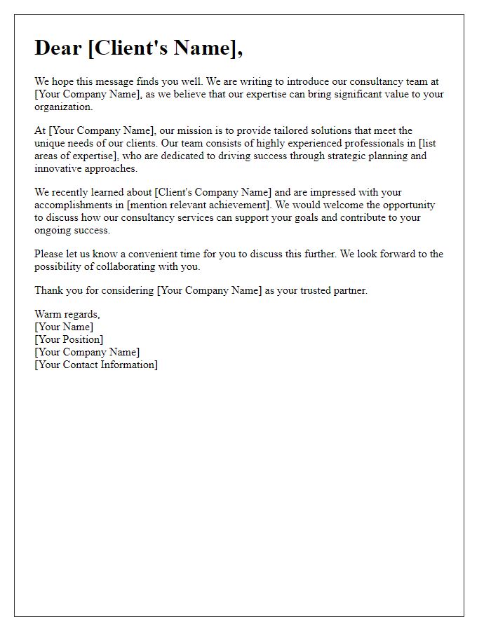 Letter template of consultancy team introduction for potential clients