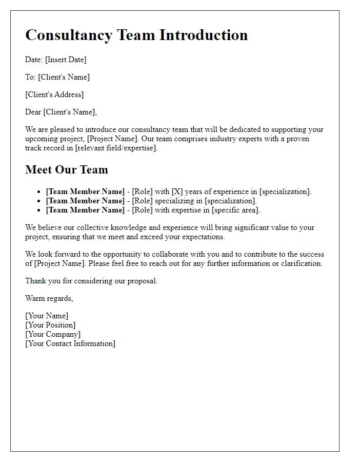 Letter template of consultancy team introduction for project proposals