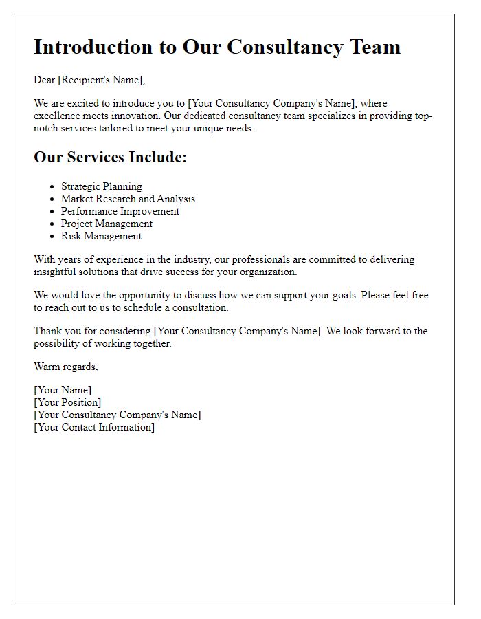 Letter template of consultancy team introduction for service offerings