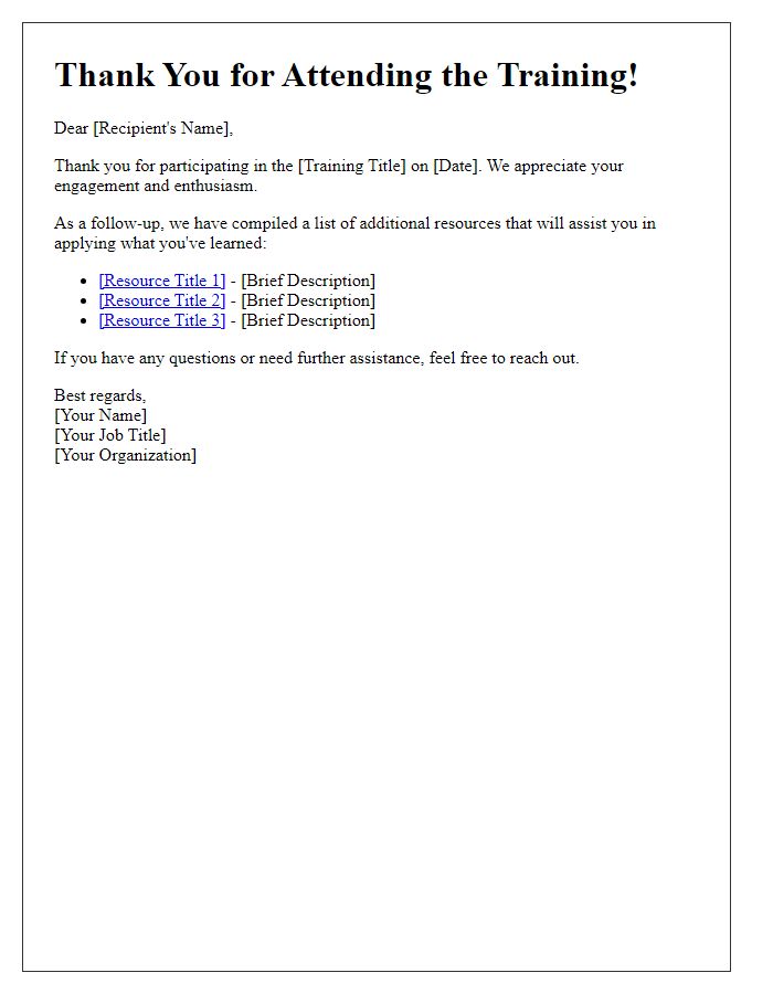 Letter template of additional resources after training