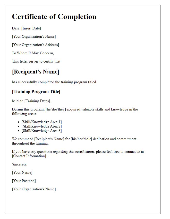 Letter template of certification issuance after training