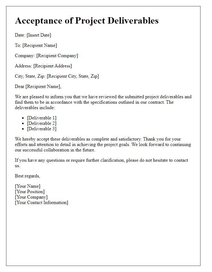 Letter template of acceptance for project deliverables