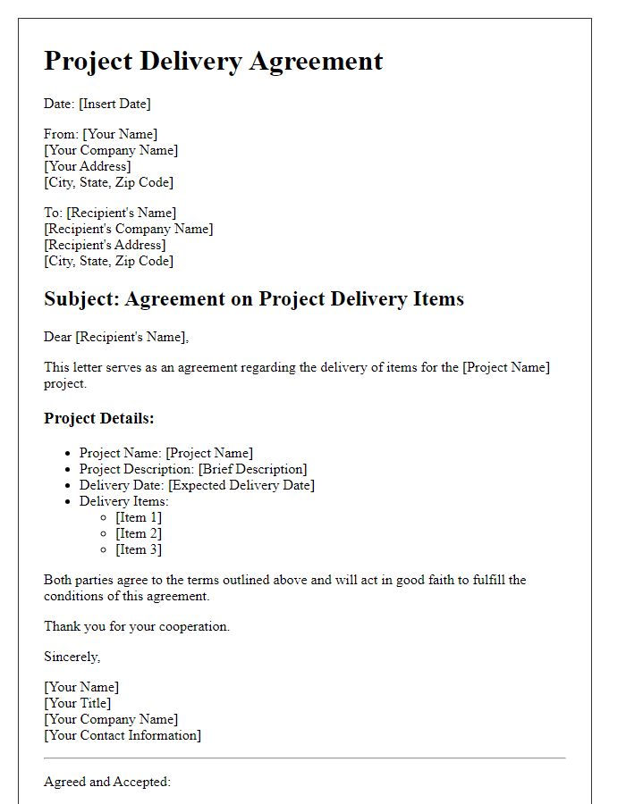 Letter template of agreement on project delivery items