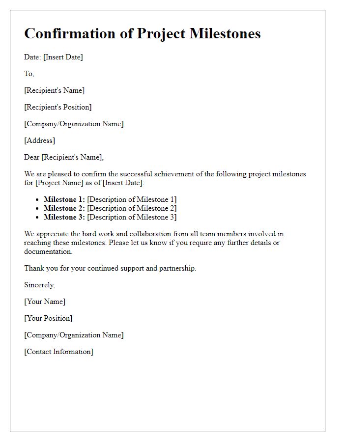 Letter template of confirmation of project milestones