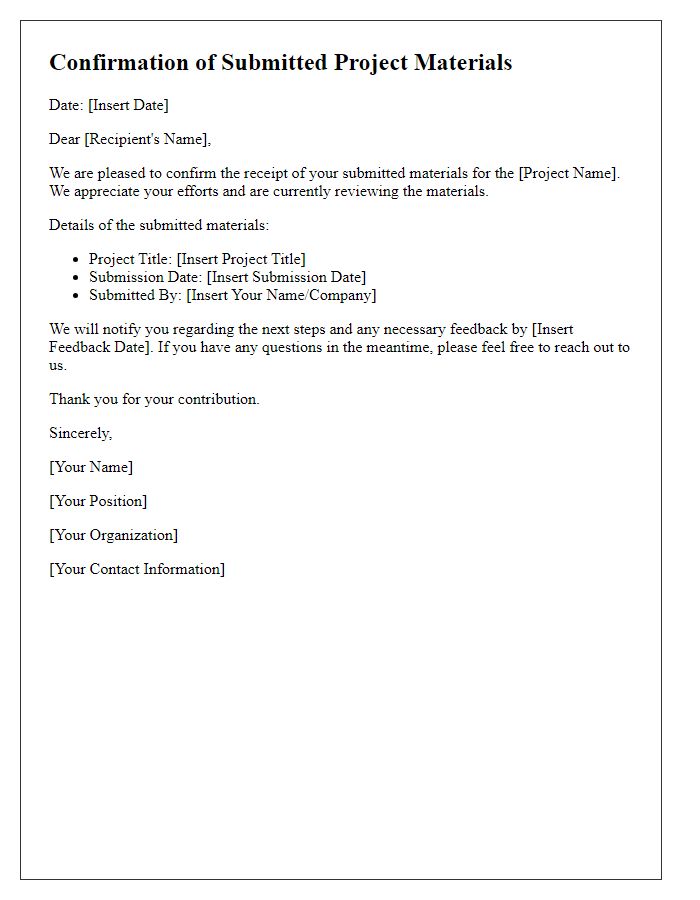 Letter template of confirmation for submitted project materials