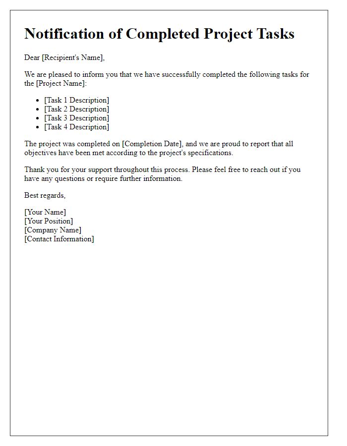 Letter template of notification of completed project tasks