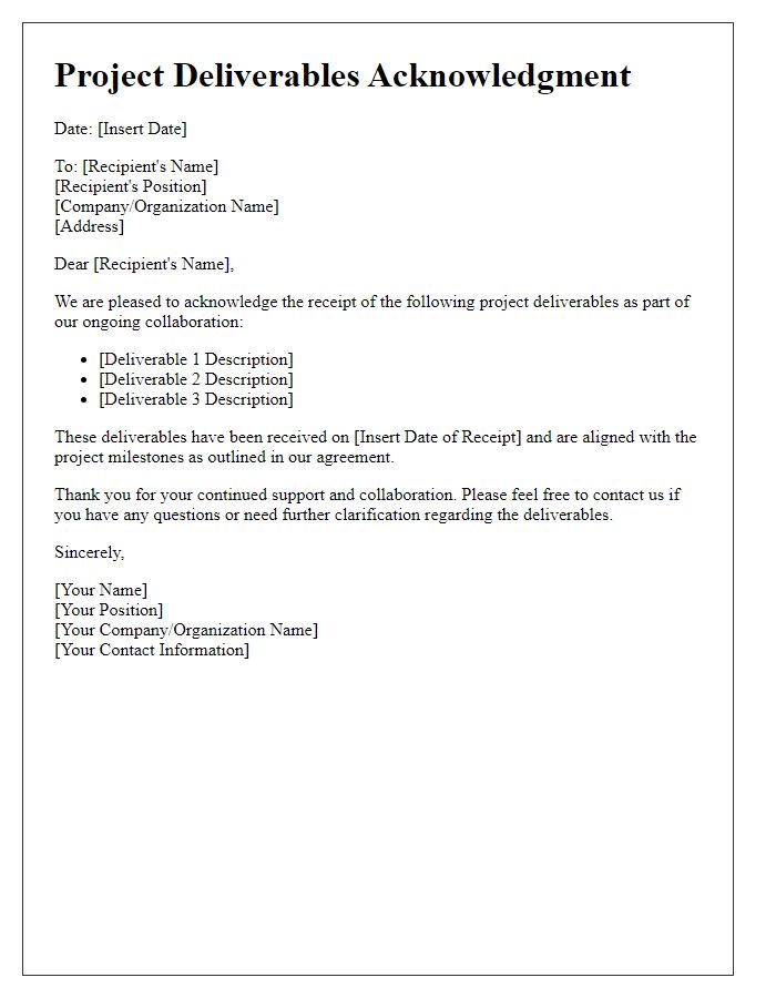 Letter template of project deliverables acknowledgment