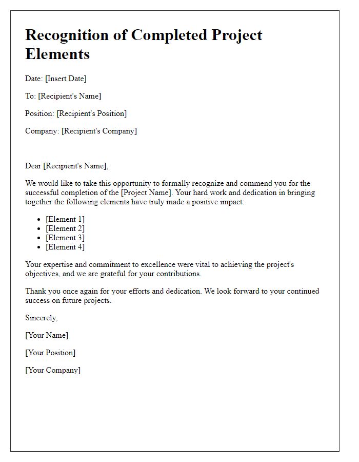 Letter template of recognition of finished project elements