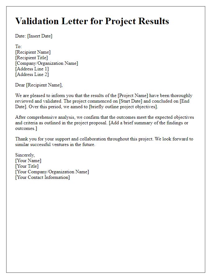 Letter template of validation for project results