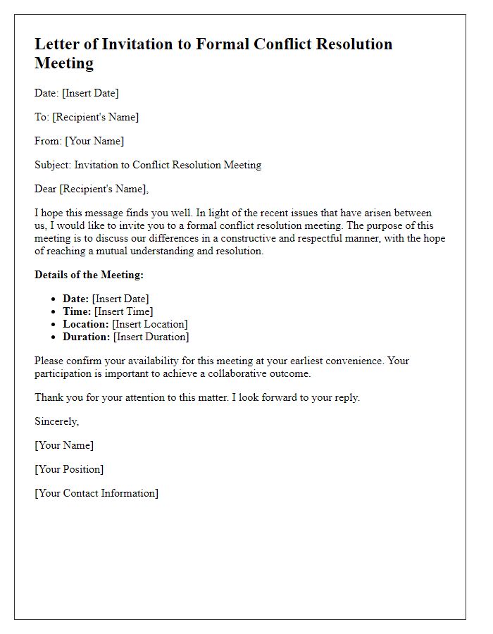 Letter template of Formal Conflict Resolution Meeting