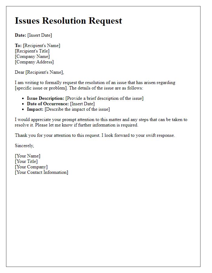 Letter template of Issues Resolution Request