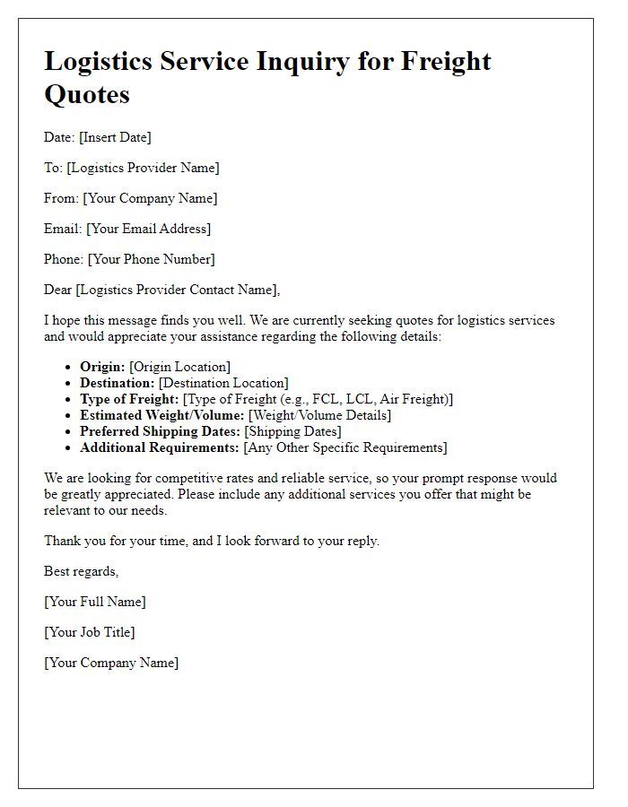 Letter template of logistics service inquiry for freight quotes.