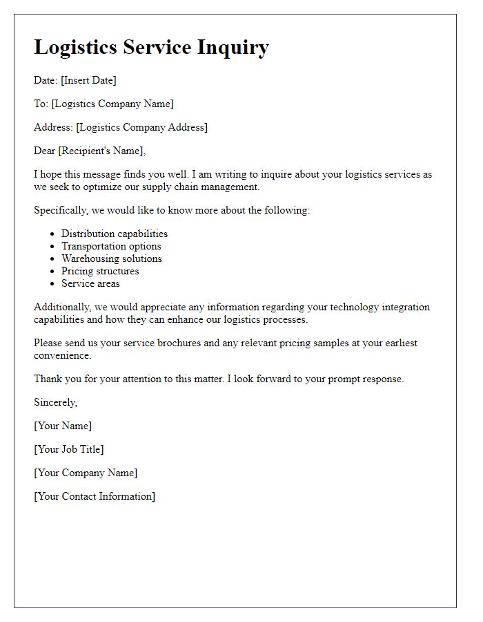 Letter template of logistics service inquiry for supply chain management.