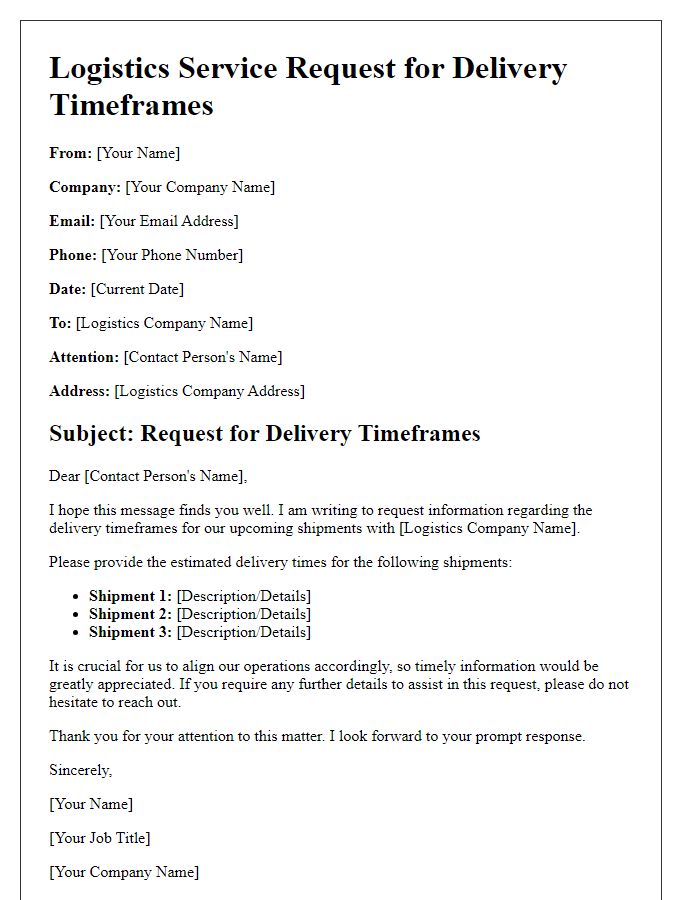 Letter template of logistics service request for delivery timeframes.