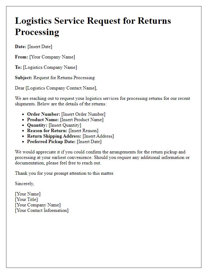 Letter template of logistics service request for returns processing.