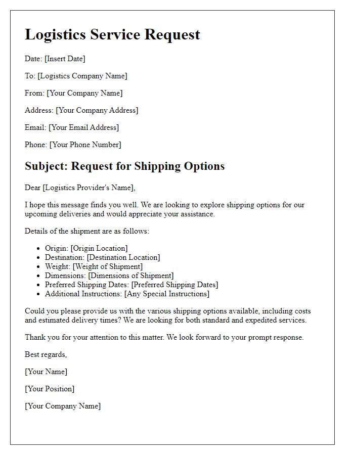 Letter template of logistics service request for shipping options.