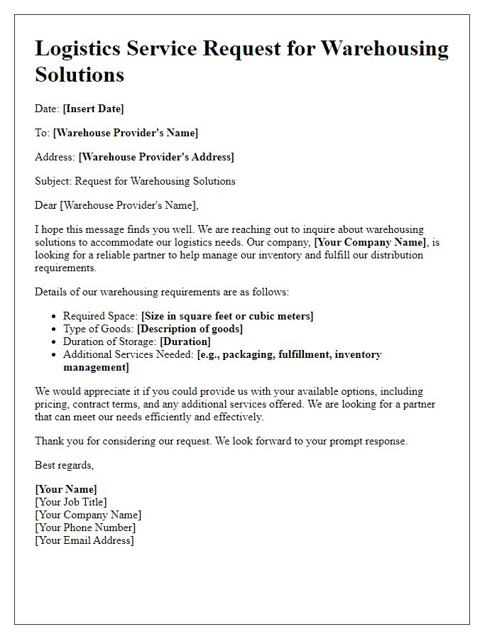 Letter template of logistics service request for warehousing solutions.