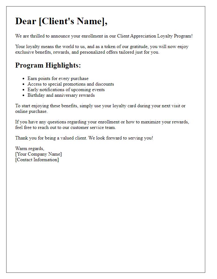 Letter template of client appreciation loyalty program enrollment