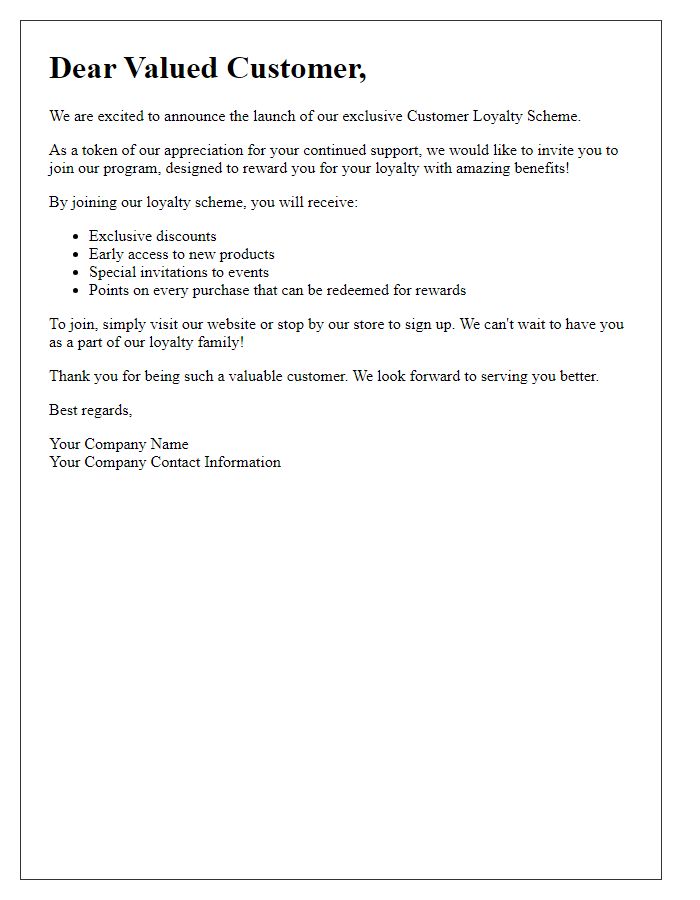 Letter template of invitation to our valued customer loyalty scheme