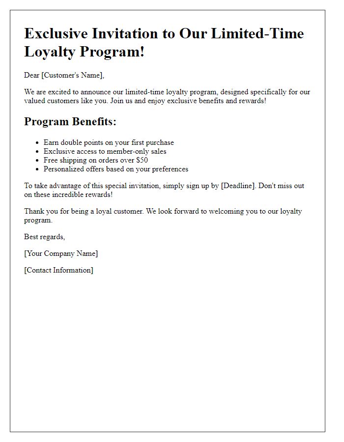 Letter template of limited-time loyalty program invitation