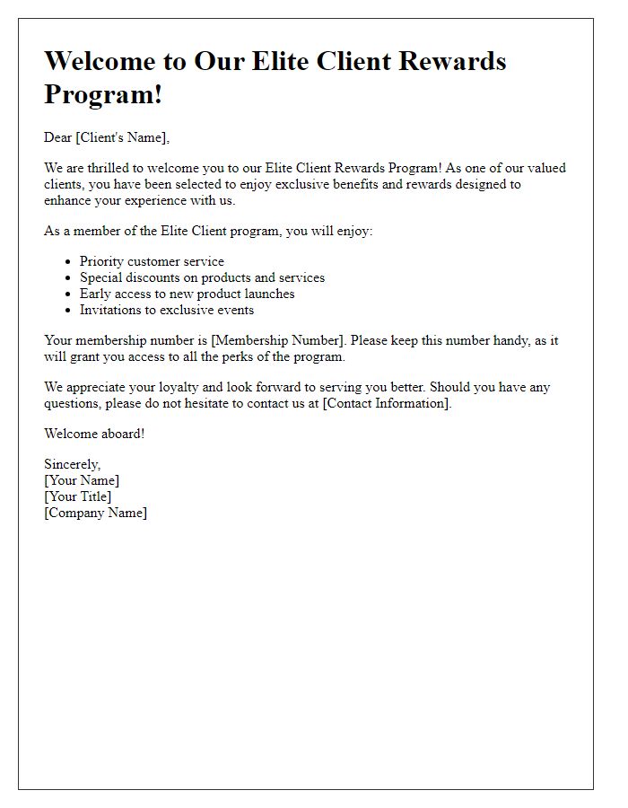 Letter template of welcome to our elite client rewards program