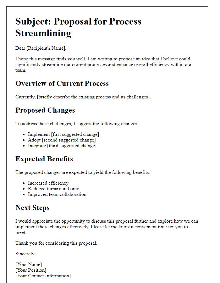 Letter template of a process streamlining idea