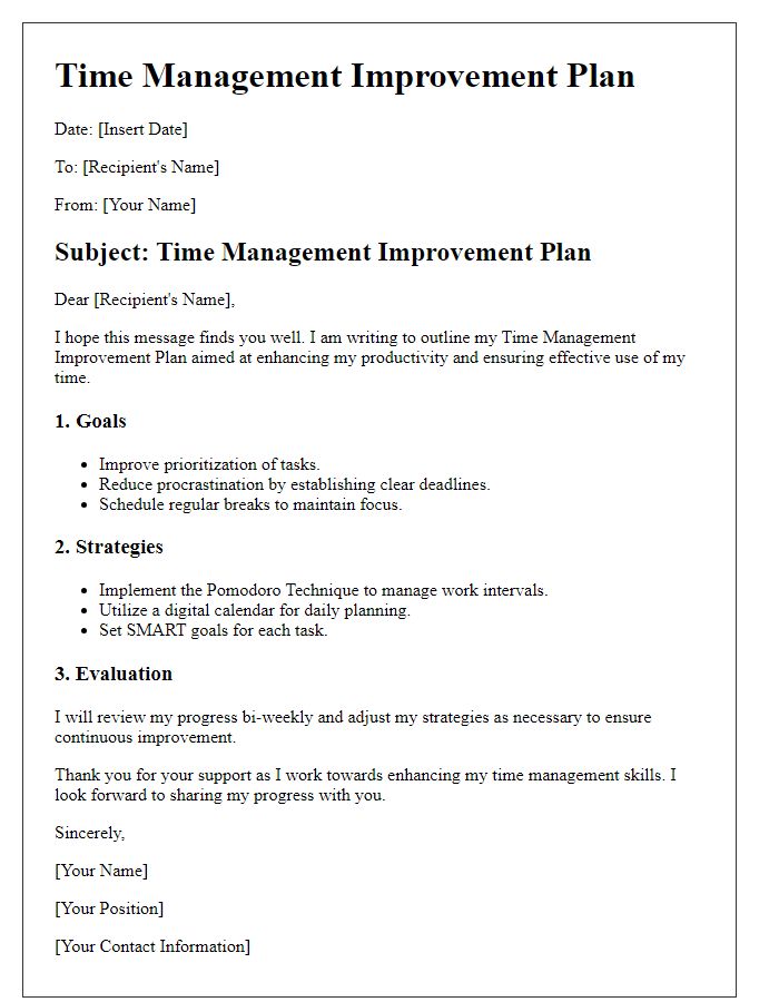 Letter template of a time management improvement plan