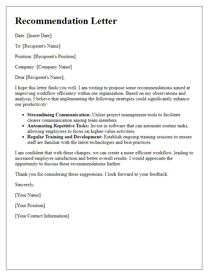Letter template of a workflow efficiency recommendation