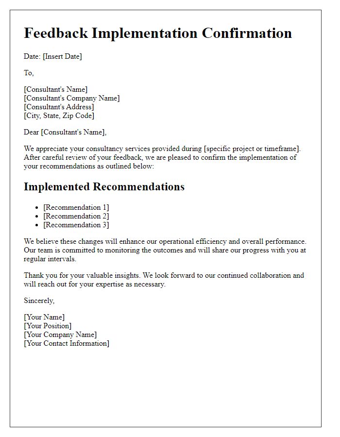 Letter template of consultancy feedback implementation