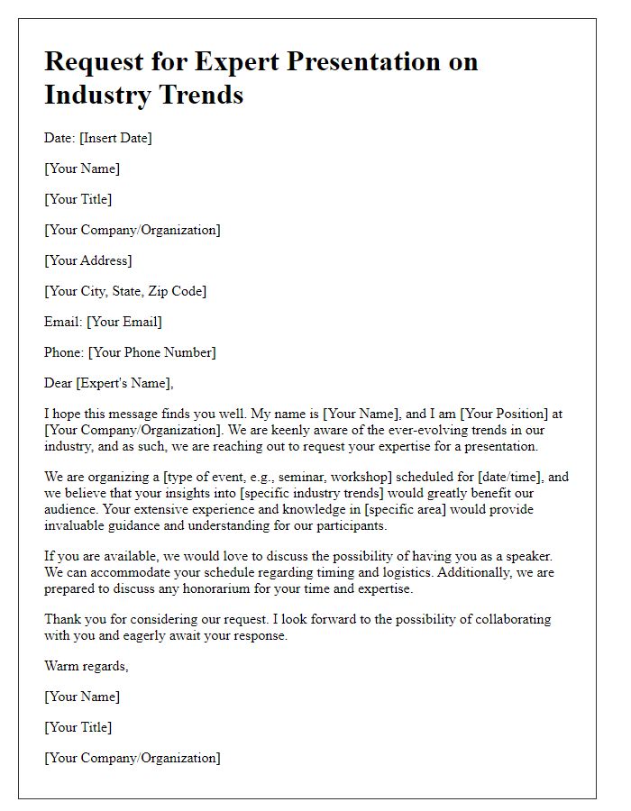 Letter template of request for expert presentation on industry trends.