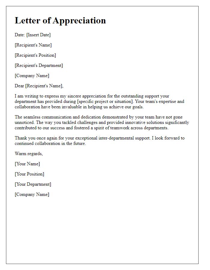 Letter template of appreciation for inter-departmental support