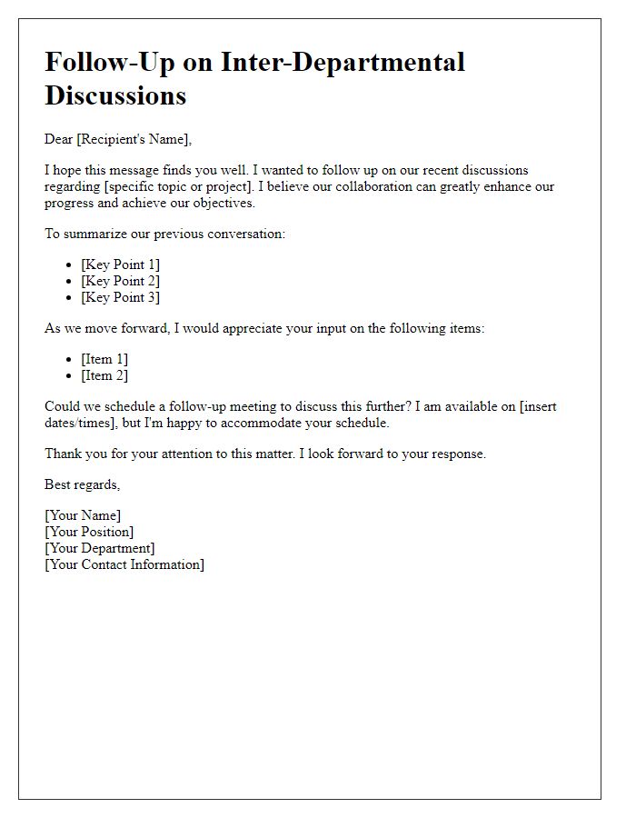 Letter template of follow-up on inter-departmental discussions