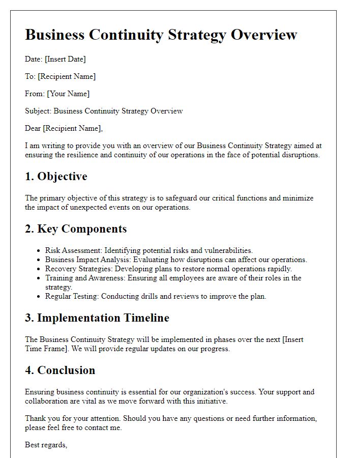 Letter template of business continuity strategy overview