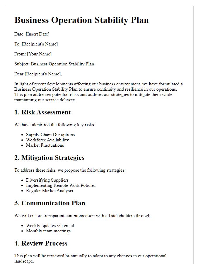 Letter template of business operation stability plan