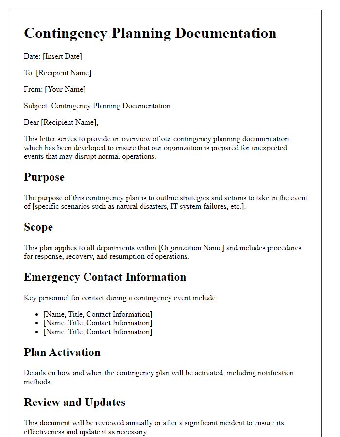 Letter template of contingency planning documentation