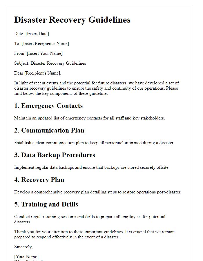 Letter template of disaster recovery guidelines