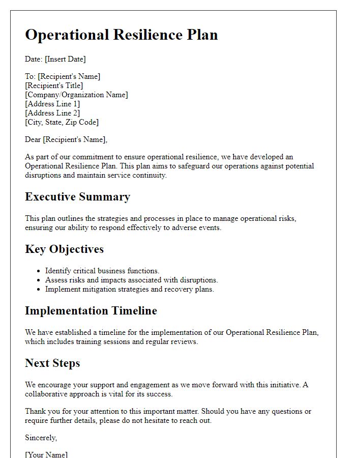 Letter template of operational resilience plan