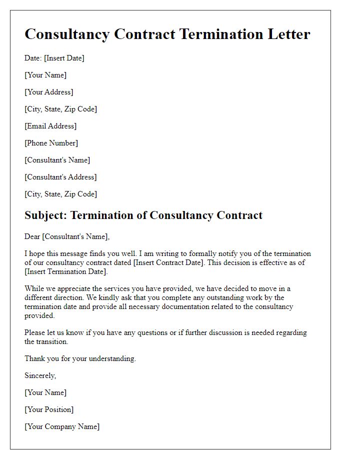 Letter template of consultancy contract termination