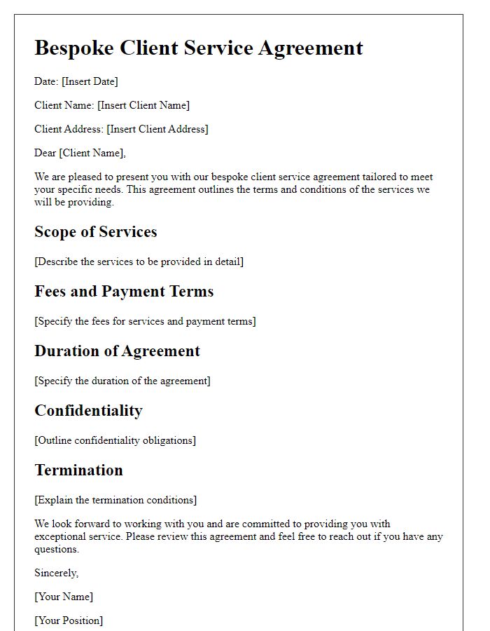 Letter template of bespoke client service agreement