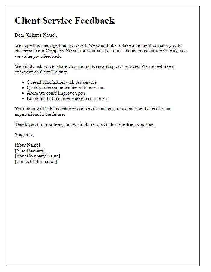 Letter template of custom client service feedback