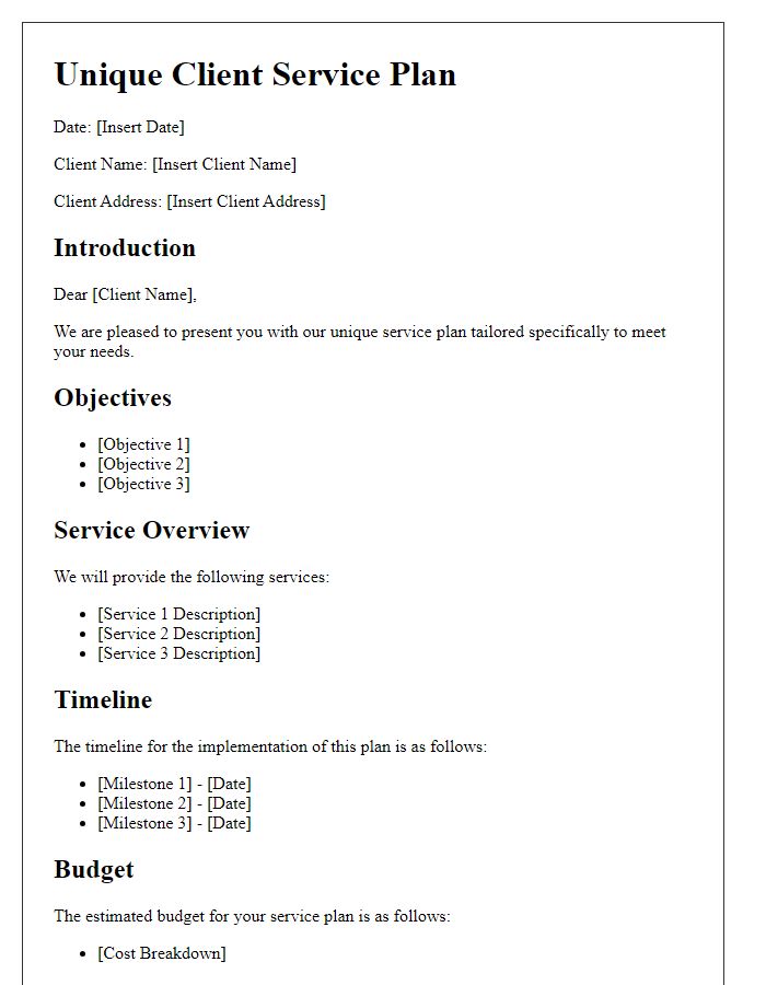 Letter template of unique client service plan