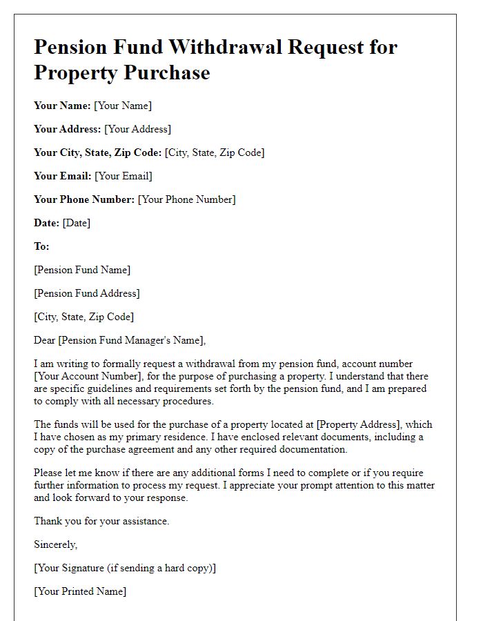 Letter template of pension fund withdrawal request for property purchase.