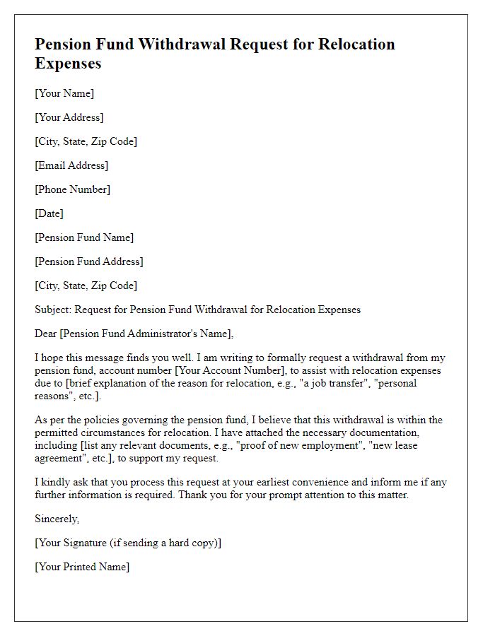 Letter template of pension fund withdrawal request for relocation expenses.