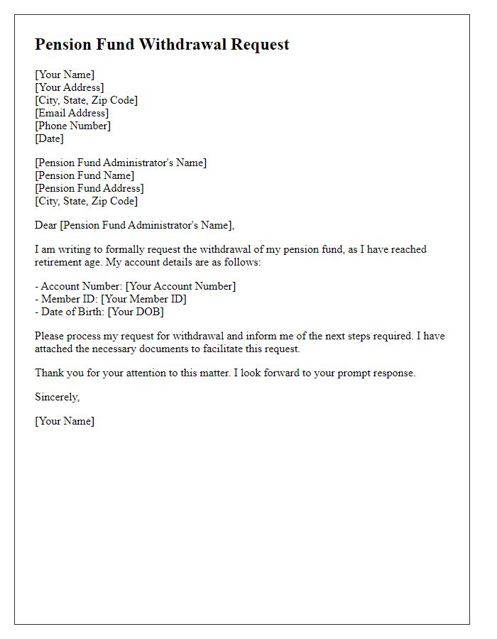 Letter template of pension fund withdrawal request for retirement.