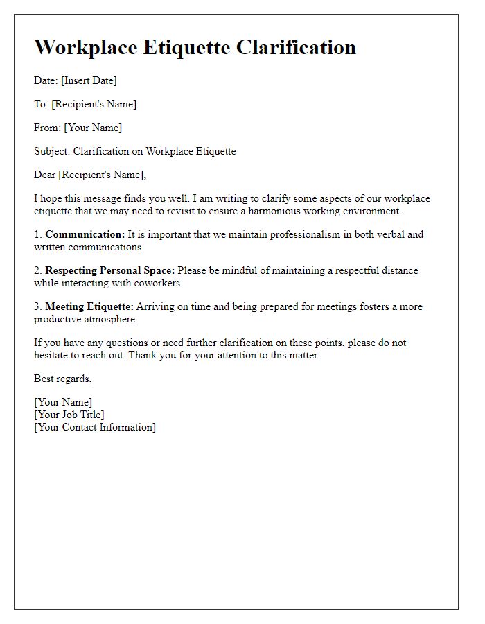 Letter template of workplace etiquette clarification