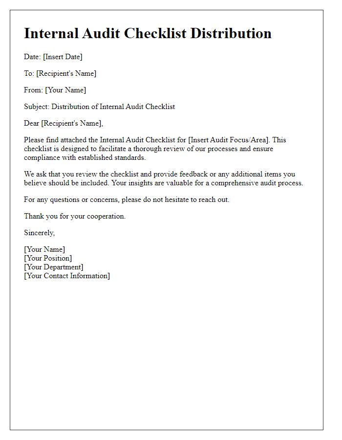 Letter template of internal audit checklist distribution